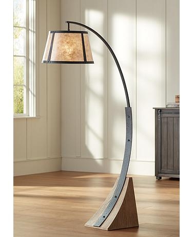 Arc Floor Lamp Amber Mica Shade Wood Block Base Rustic Light