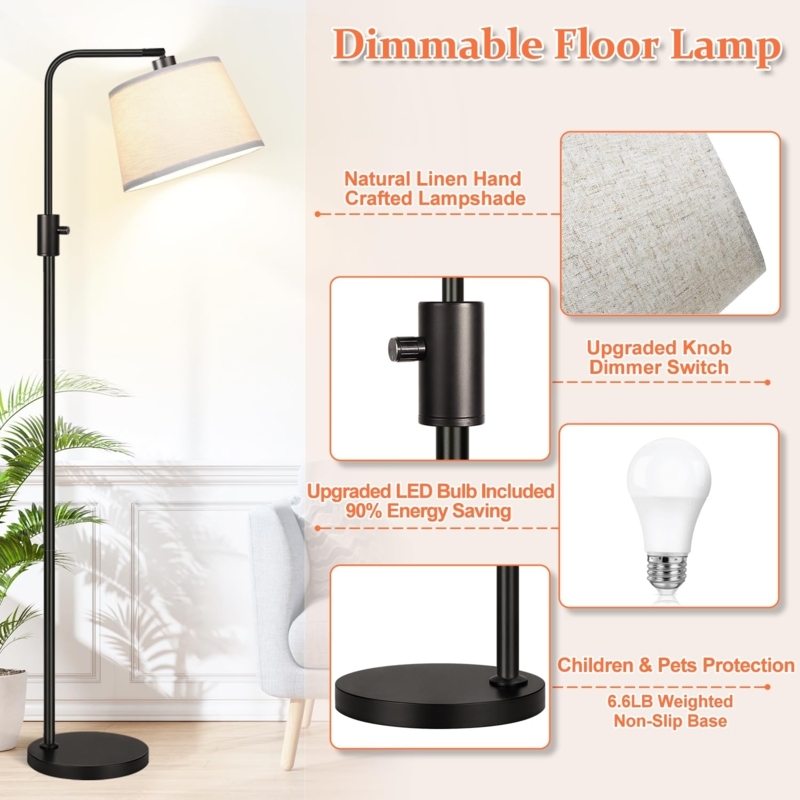 Arc Floor Lamp Black Linen Shade Industrial Edison Bulb Lighting