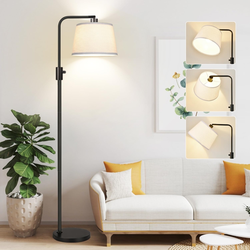 Arc Floor Lamp Black Metal Linen Drum Shade Overhanging Design Cozy