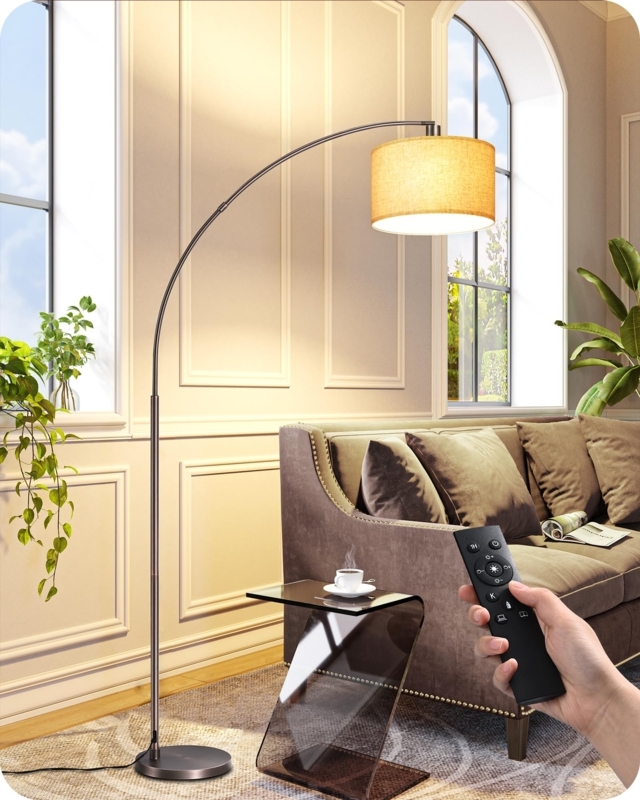 Arc Floor Lamp Bronze Finish Linen Drum Shade Mid Century Modern