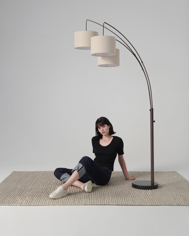 Arc Floor Lamp Bronze Three Head Drum Shades Marble Base Mid-Century