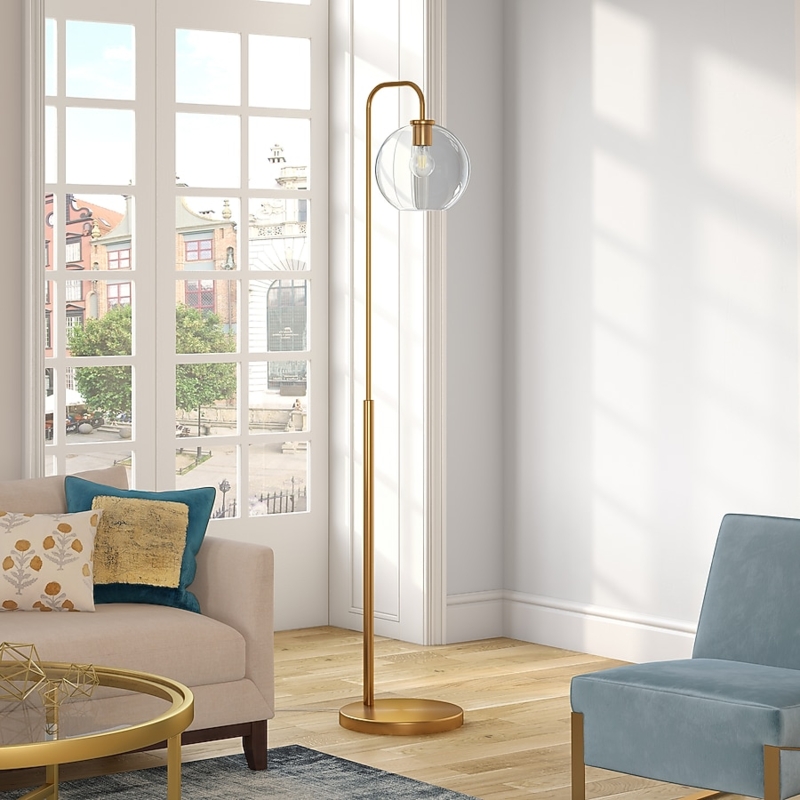 Arc Floor Lamp Brushed Brass Transparent Dome Shade Mid Century Modern