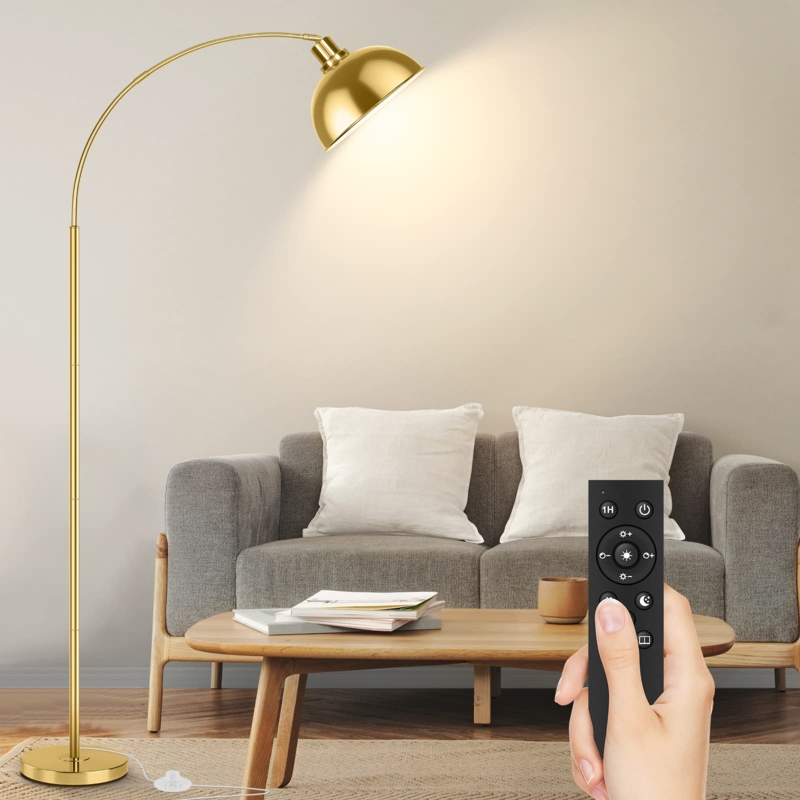 Arc Floor Lamp Brushed Gold Finish Metal Dome Shade Minimalist