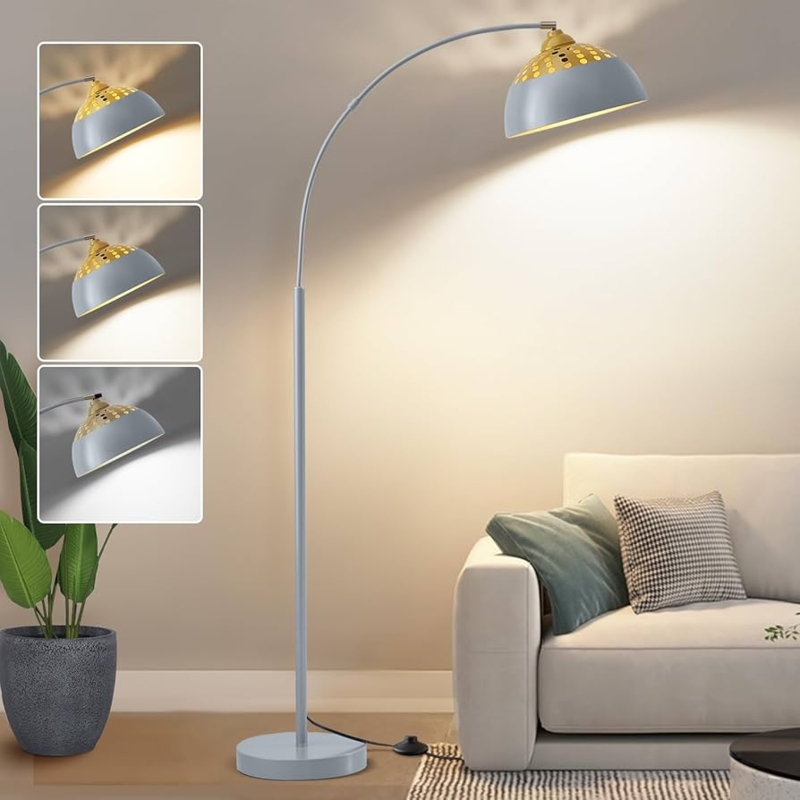 Arc Floor Lamp Brushed Silver Metal Drum Shade Airy Living Room