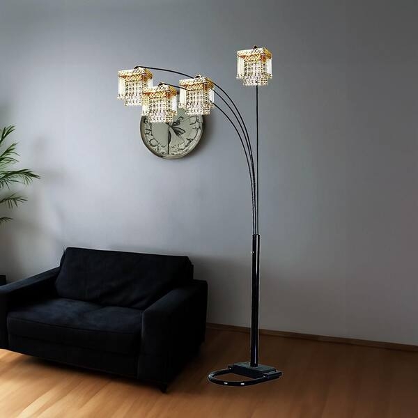 Arc Floor Lamp Crystal Square Shades Multi-Arc Silhouette Matte Black