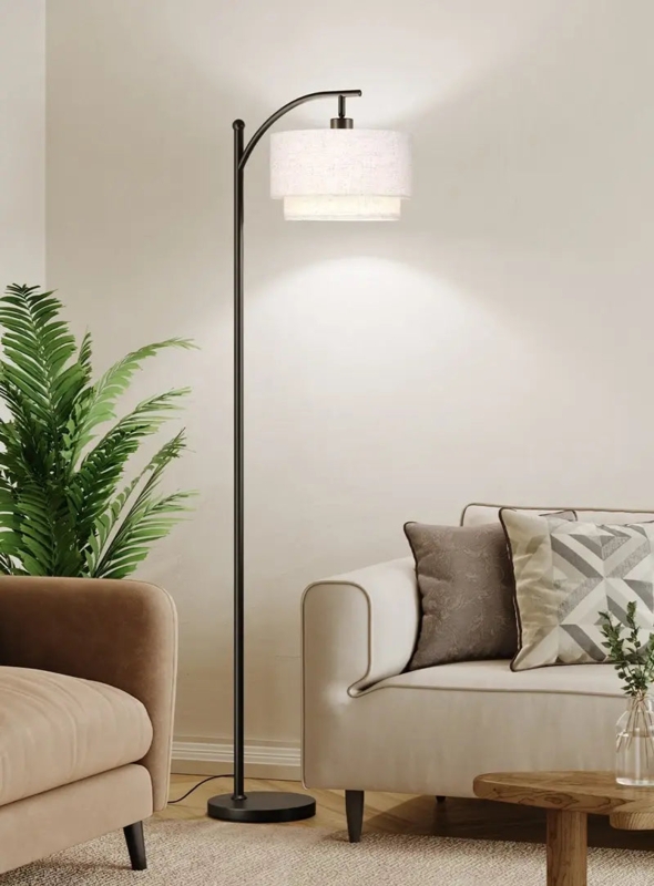 Arc Floor Lamp Featuring Unique Double Drum Shade with Linen Texture