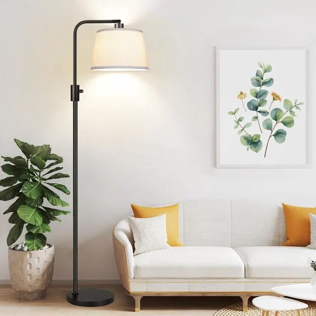 Arc Floor Lamp Matte Black Beige Linen Shade Cozy Reading Nook