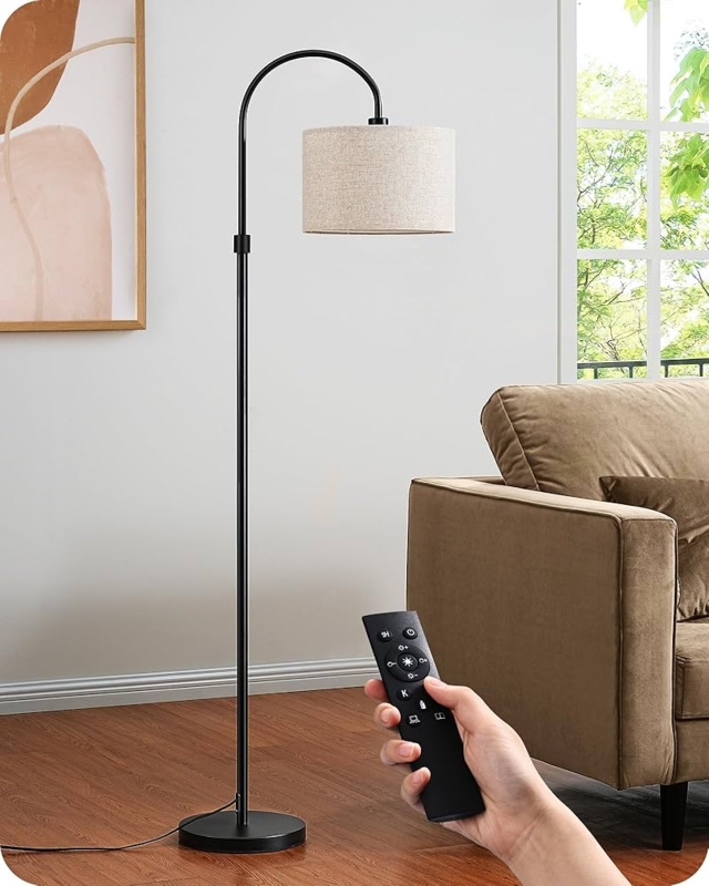 Arc Floor Lamp Matte Black Finish Fabric Drum Shade Minimalist Design
