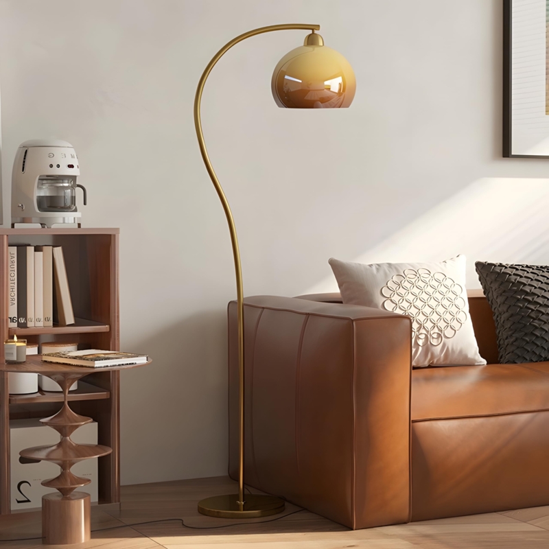 Arc Floor Lamp Orange Glass Shade Mushroom Style Polished Gold Retro