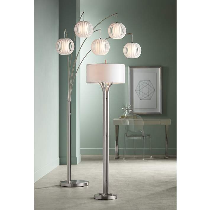Arc Floor Lamp Polished Steel White Bowl Shades Five Light