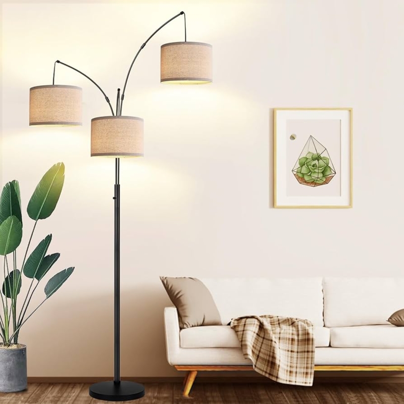 Arc Floor Lamp Slender Stem Tiered Cylindrical Linen Texture Shades