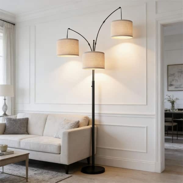 Arc Floor Lamp Three-Light Arched Arms with Beige Linen Drum Shades
