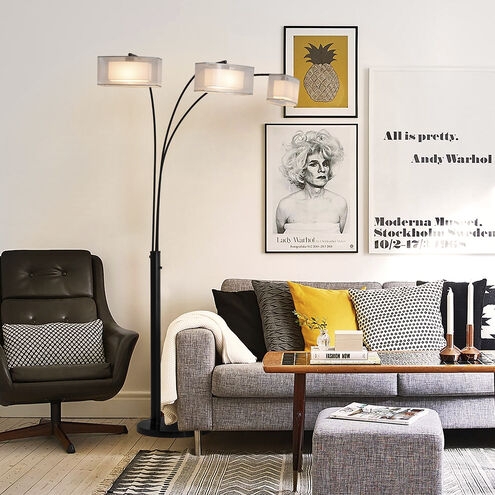 Arc Floor Lamp Three Light Industrial Design with Mesh Drum Shades