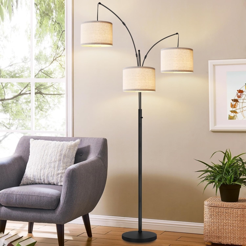 Arc Floor Lamp Three Light Minimalist Black with White Drum Shades