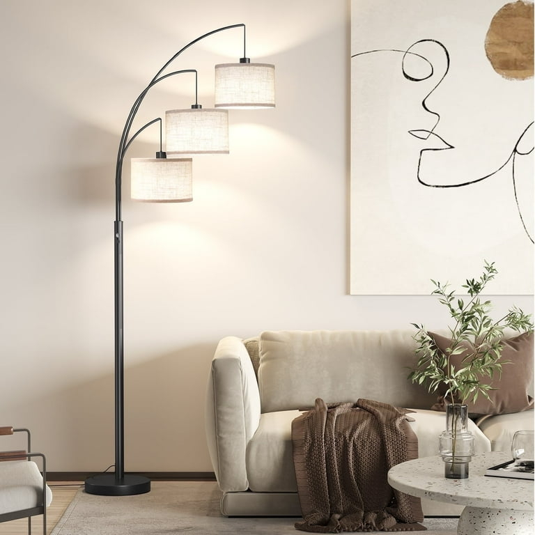 Arc Floor Lamp Tiered Height Black Linen Drum Shades Mid-Century