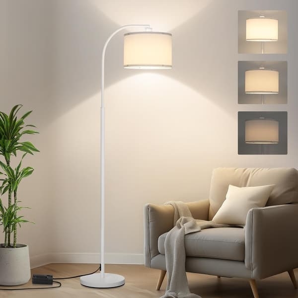 Arc Floor Lamp White Finish Drum Shade Overhanging Scandinavian Style