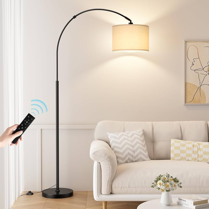 Arc Floor Lamp with Beige Drum Shade for Living Room