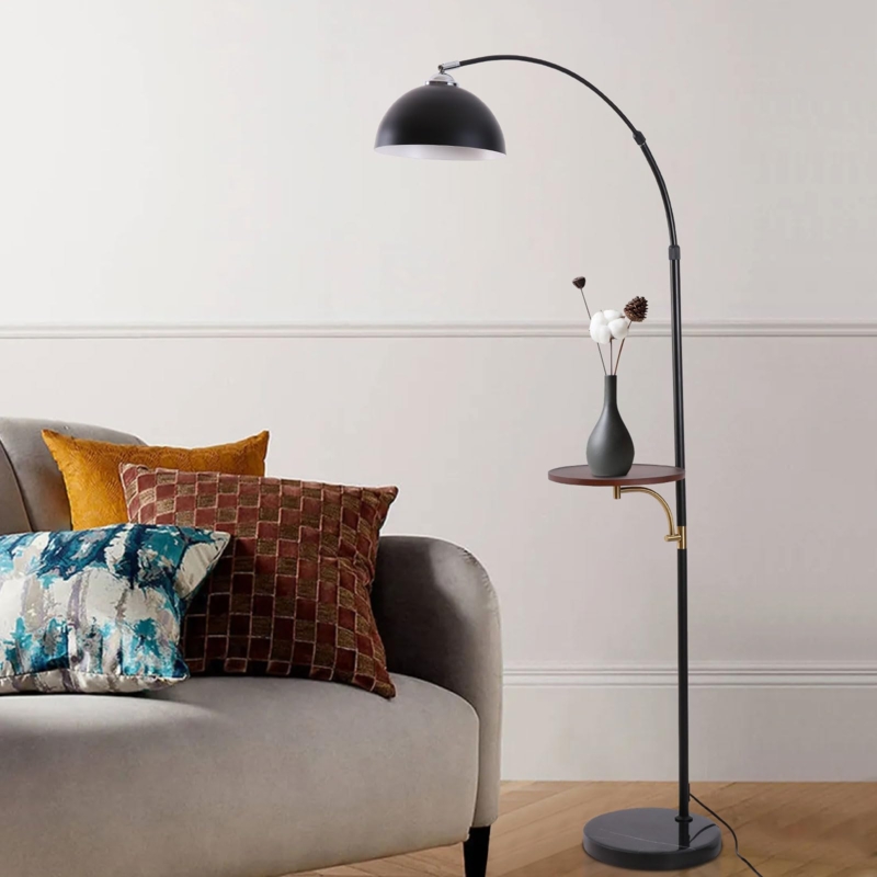 Arc Floor Lamp with Integrated Table and Matte Black Finish