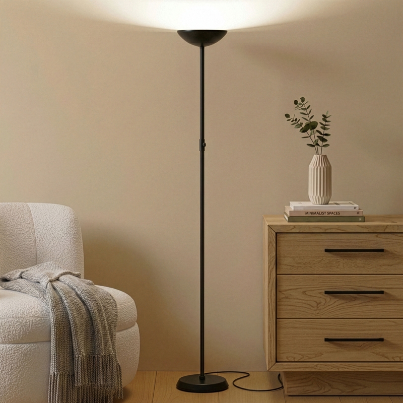 Arc Floor Lamp with Large White Bowl Shade for Mid-Century Corners