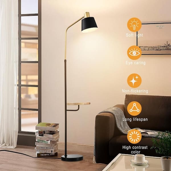 Arc Floor Lamp with Marble Base and Integrated Table, Black Matte Finish