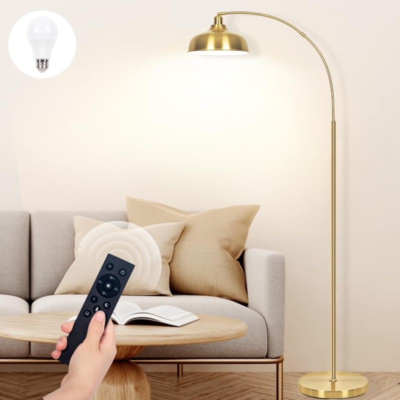Arc Floor Lamp with metallic finish, dome shade for living room.