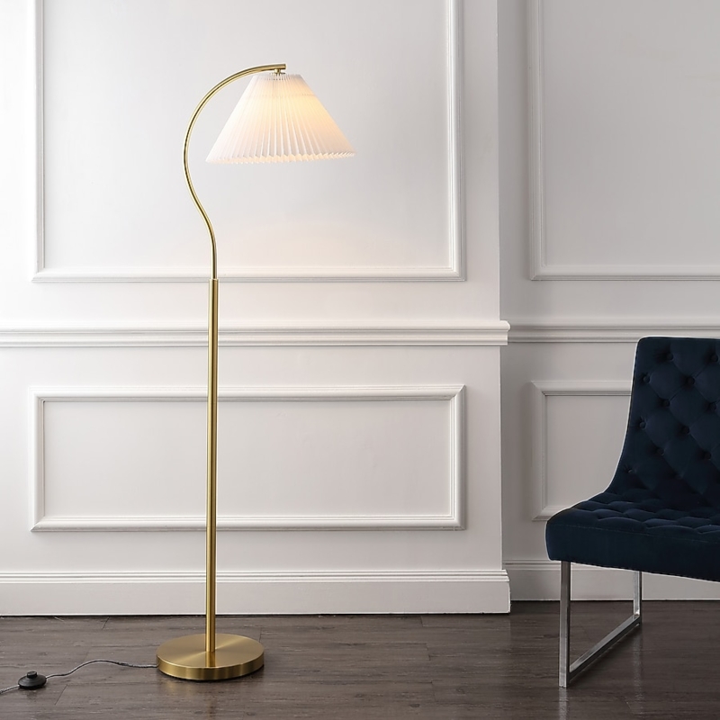 Arc Floor Lamp with Pleated Drum Shade, Brushed Brass Finish