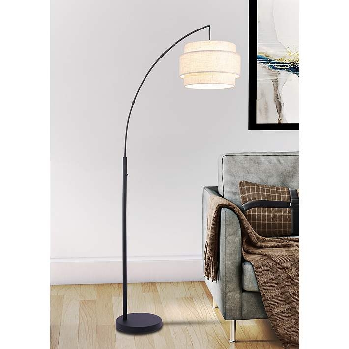 Arc Floor Lamp with Slender Matte Black Neck and Linen Drum Shade