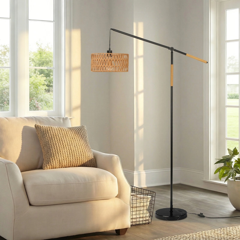 Arc Floor Lamp with Woven Rattan Shade and Black Metal Frame