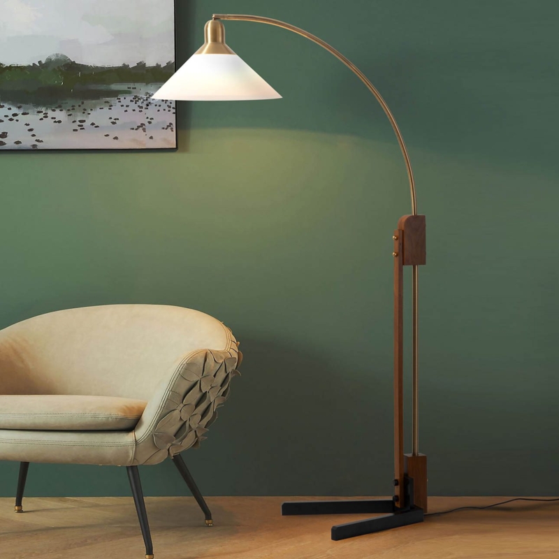 Arc Floor Lamp Wood And Metal Mix Chairside Reading Light