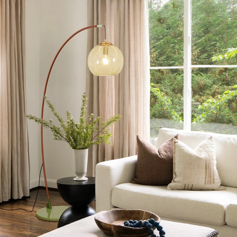 Arched Floor Lamp Amber Glass Globe Shade Minimalist Living Room