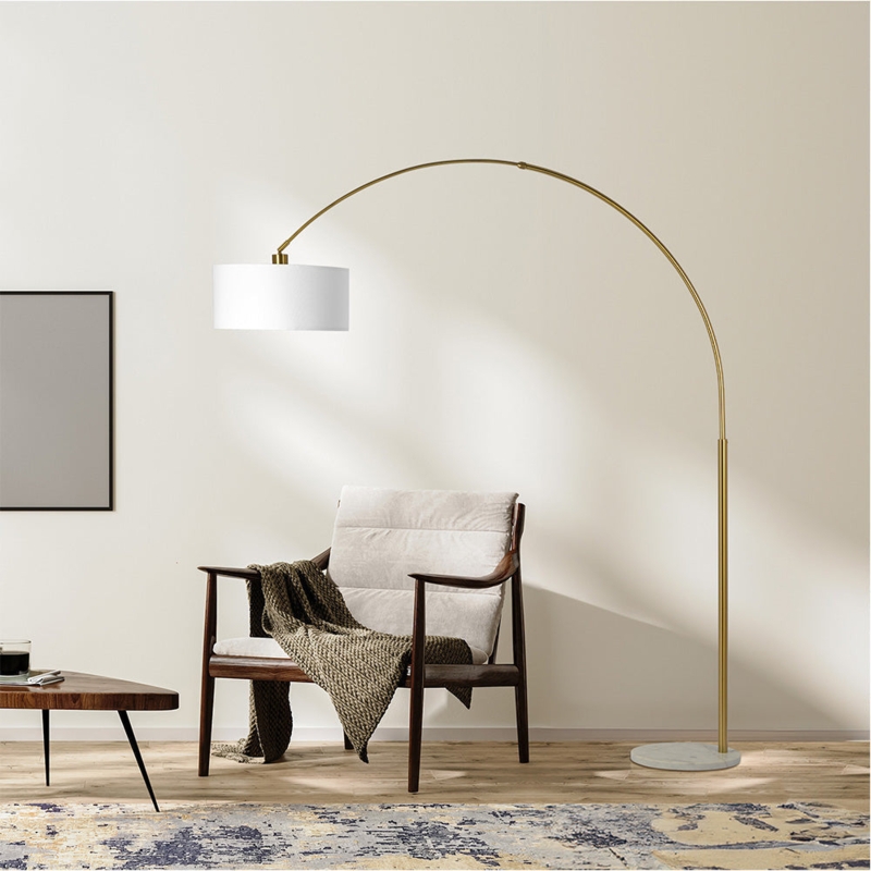Arched Floor Lamp Large Linen Shade Brushed Brass Contemporary