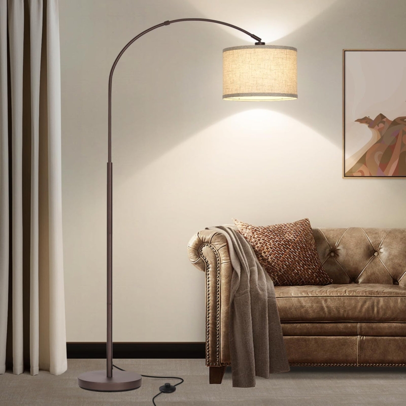 Arched Floor Lamp: Modern Cantilever Arm with Beige Fabric Drum Shade
