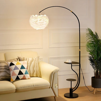 Arched Floor Lamp Modern Glam Black Integrated Tray Feather Trim