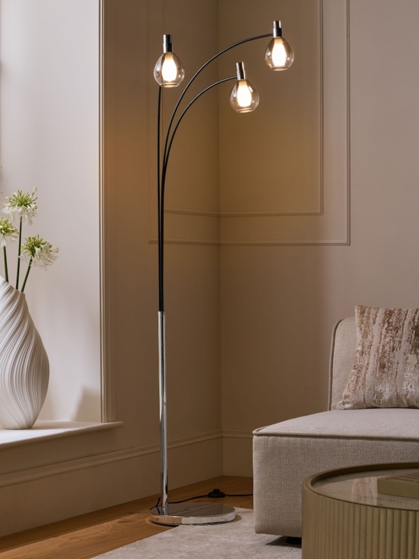Arched Floor Lamp Polished Chrome Cylindrical Shades Marbled Base