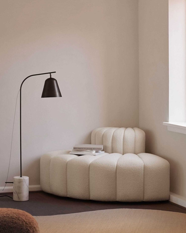 Arched Floor Lamp Stone Cylindrical Base Matte Black Scandinavian
