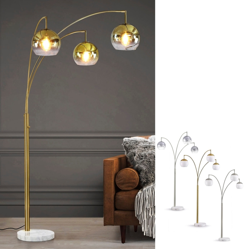 Arched Floor Lamp Three Light Black Finish Clear Glass Edison Bulbs
