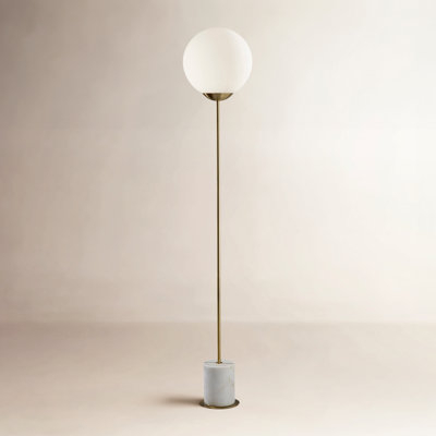 Arched Floor Lamp: White Marbled Base, Dark Conical Shade.