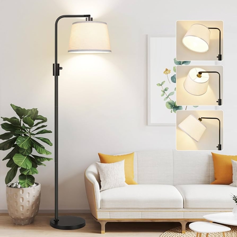 Arched Floor Lamp with Fabric Shade, Black Finish, Linen Texture, Cozy