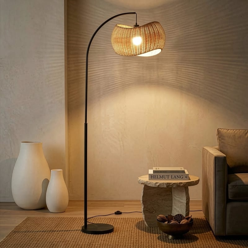 Arched Floor Lamp with Woven Bamboo Drum Shade and Brass Finish