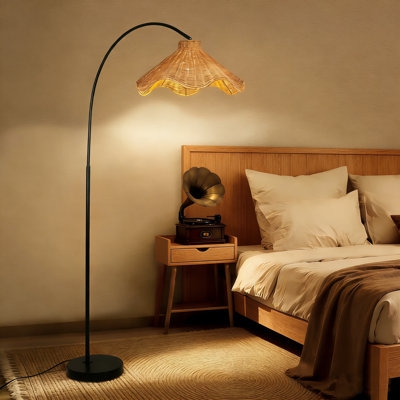 Arched Floor Lamp: Woven Rattan Shade and Marble-Like Base