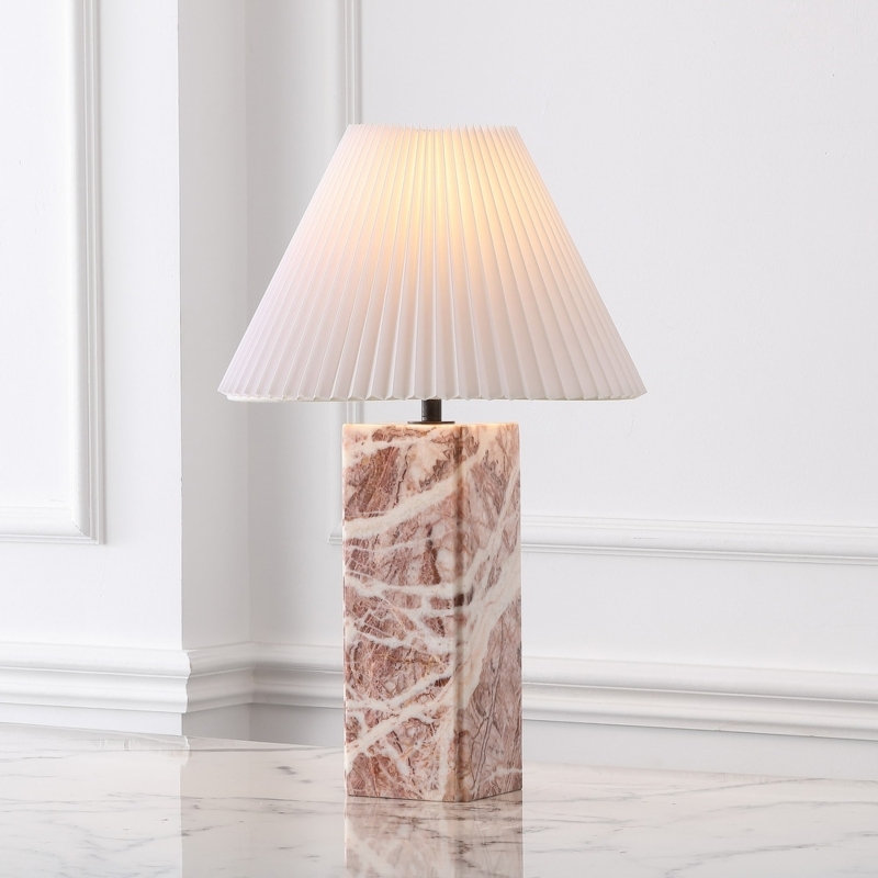 Architectural Table Lamp Square Shade Marble Block Base White Linen