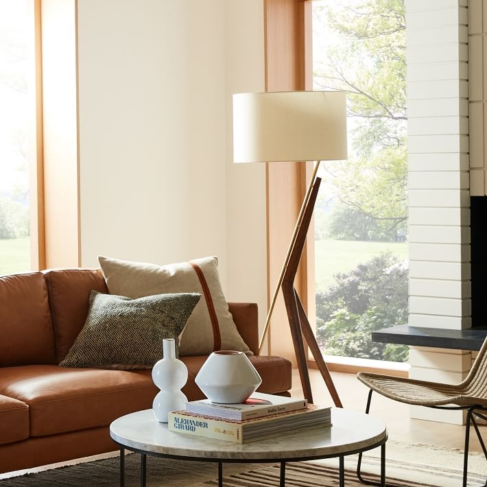 Architectural Tripod Floor Lamp with Tapered Fabric Shade Wood