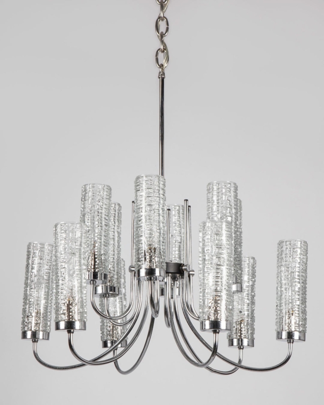 Art Deco Chandelier Textured Glass Cylinders Polished Chrome Tiered