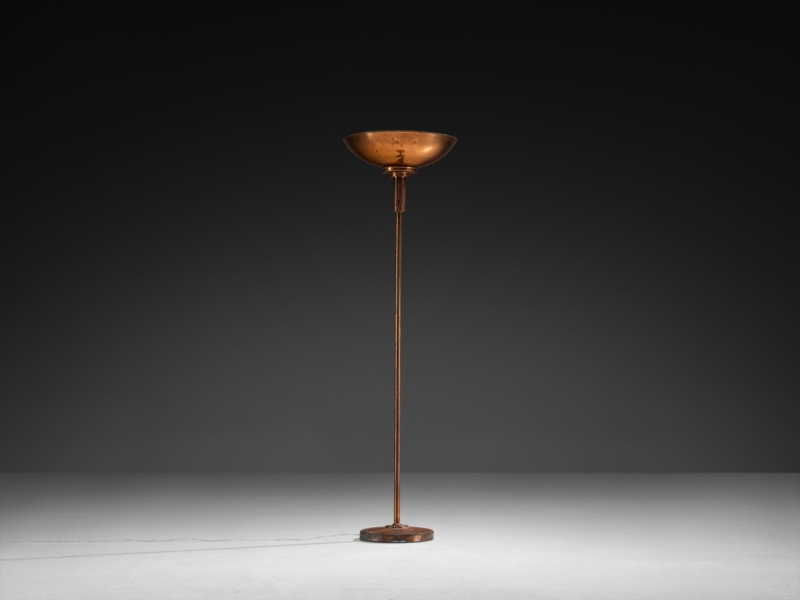 Art Deco Floor Lamp Tiered Shade Triple Stem Copper Tone
