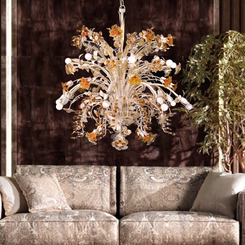 Art Nouveau Chandelier with Amber Glass Petals and Leaves