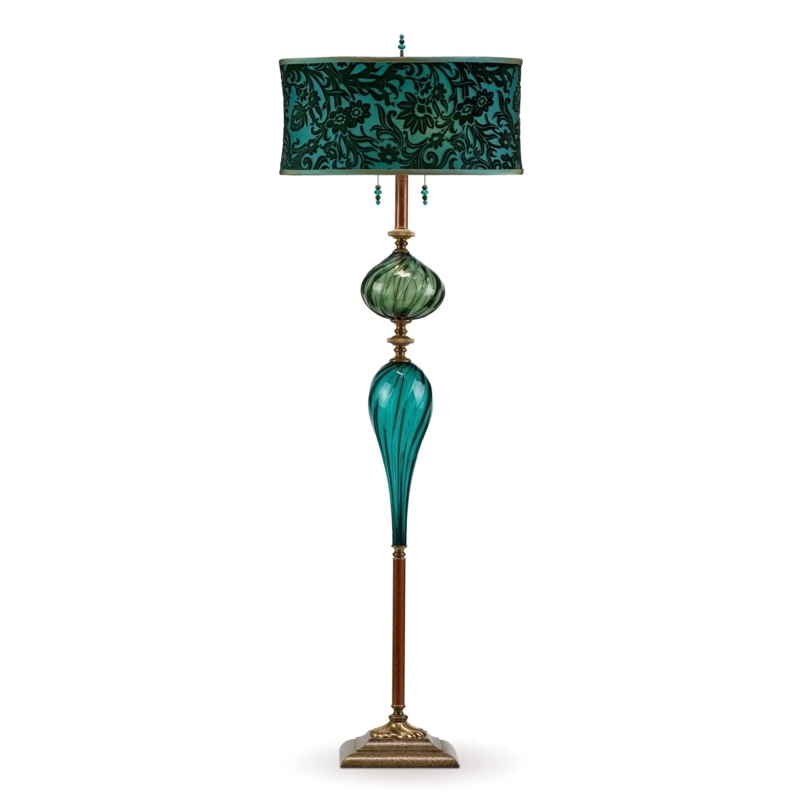 Artisan Floor Lamp Evergreen Velvet Burnout Shade Blown Glass Base