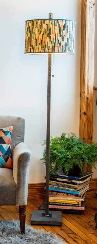 Artisanal Floor Lamp with Botanical Paper Drum Shade on Steel Base