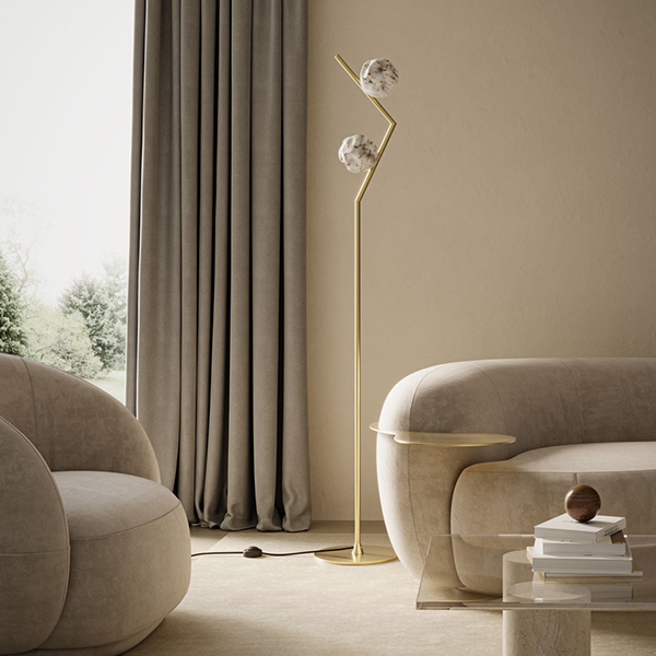 Asymmetrical Brass Floor Lamp with Stone Disc and Glass Globe