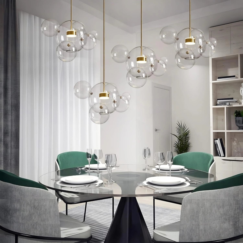 Asymmetrical Cluster Chandelier with Clear Glass Globes.