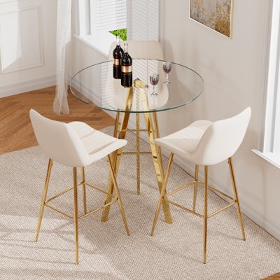 Bar Table Set Emerald Green Velvet Channel Tufted Gold Base 3-Piece